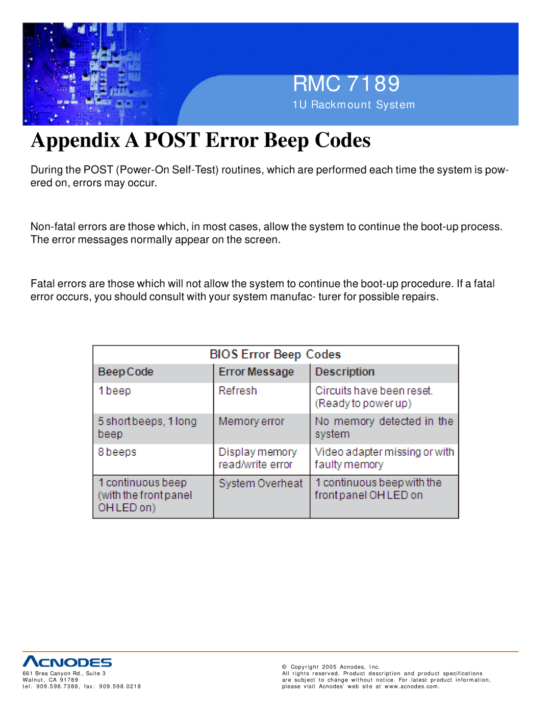 Acnodes RMC 7189 user manual Appendix a Post Error Beep Codes 