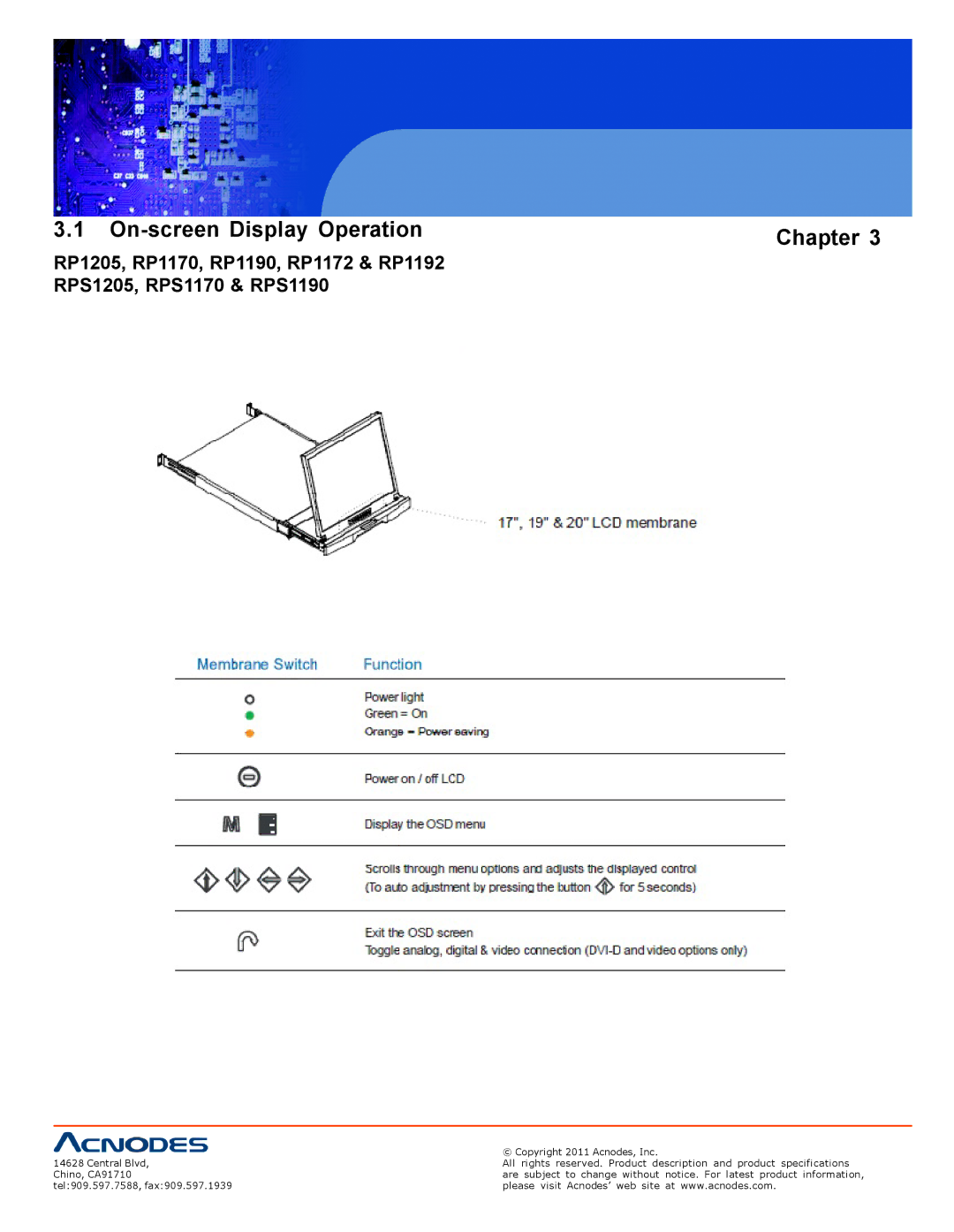 Acnodes RP 1170, RP 1205, RPS 1200 user manual On-screen Display Operation Chapter 