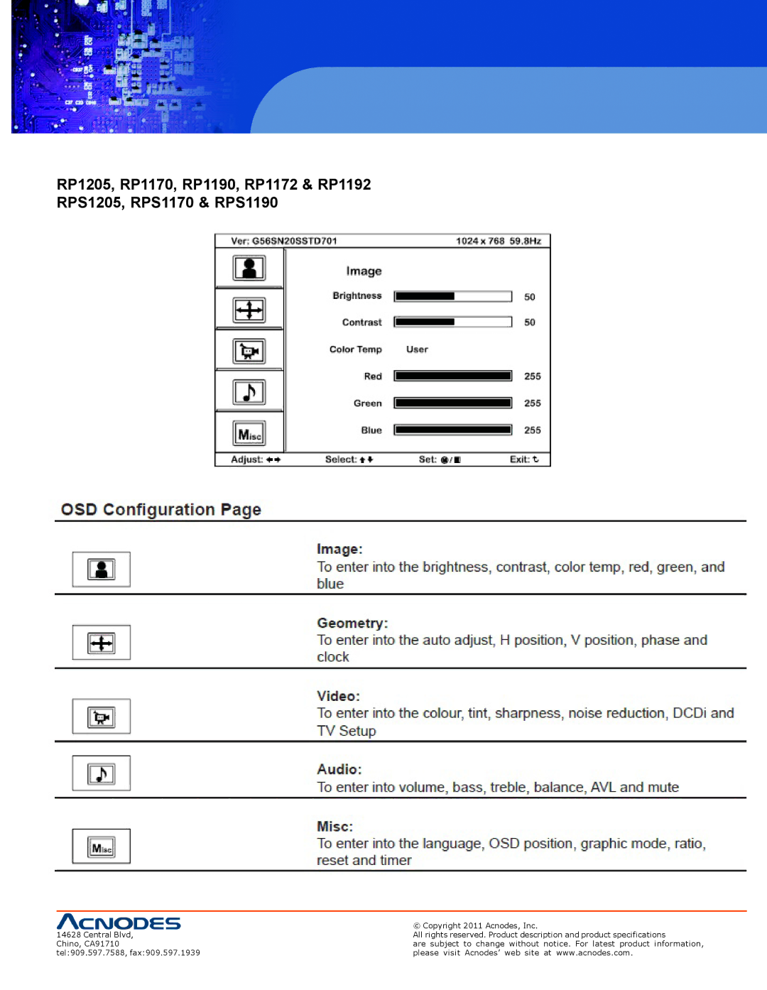 Acnodes RP 1205, RPS 1200, RP 1170 user manual On-screen menu 