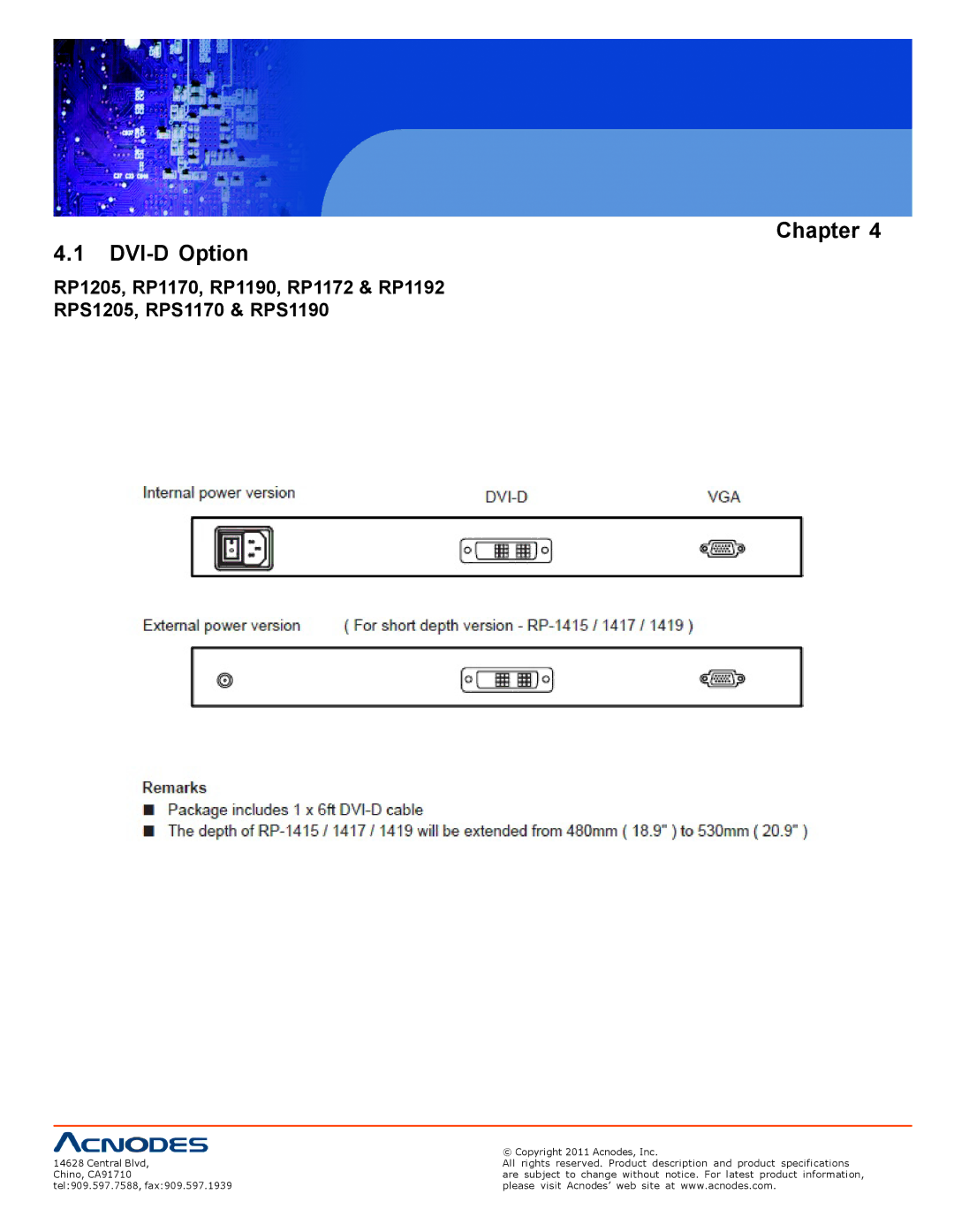 Acnodes RPS 1200, RP 1205, RP 1170 user manual Chapter DVI-D Option 