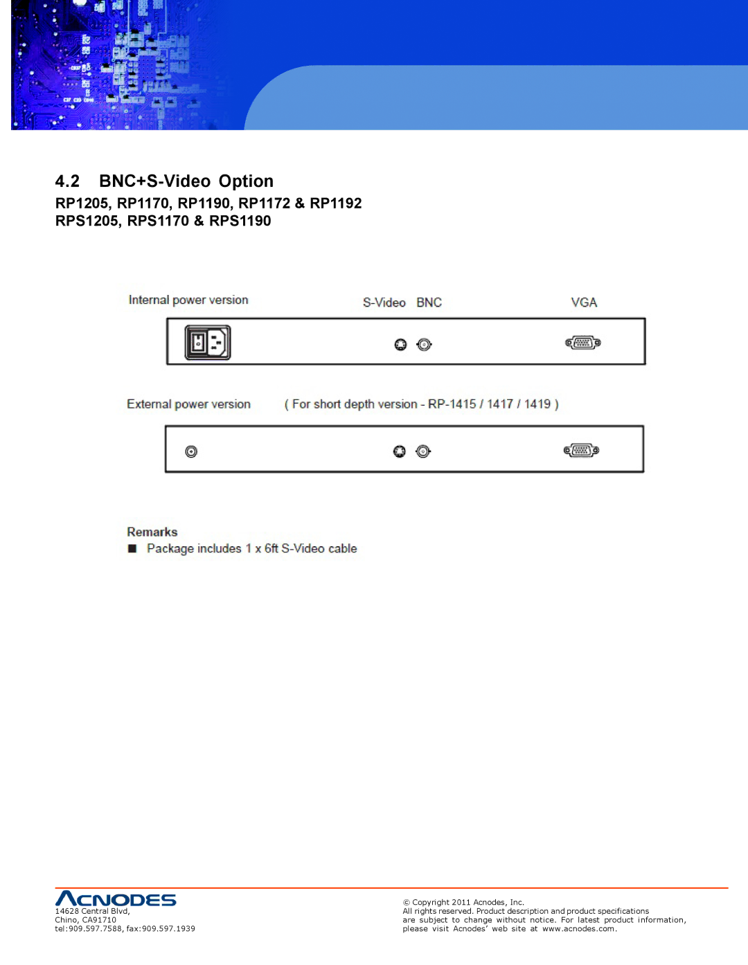 Acnodes RP 1170, RP 1205, RPS 1200 user manual BNC+S-Video Option 