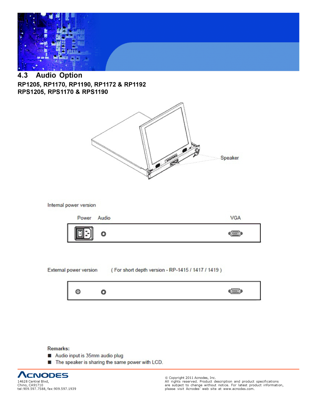 Acnodes RP 1205, RPS 1200, RP 1170 user manual Audio Option 