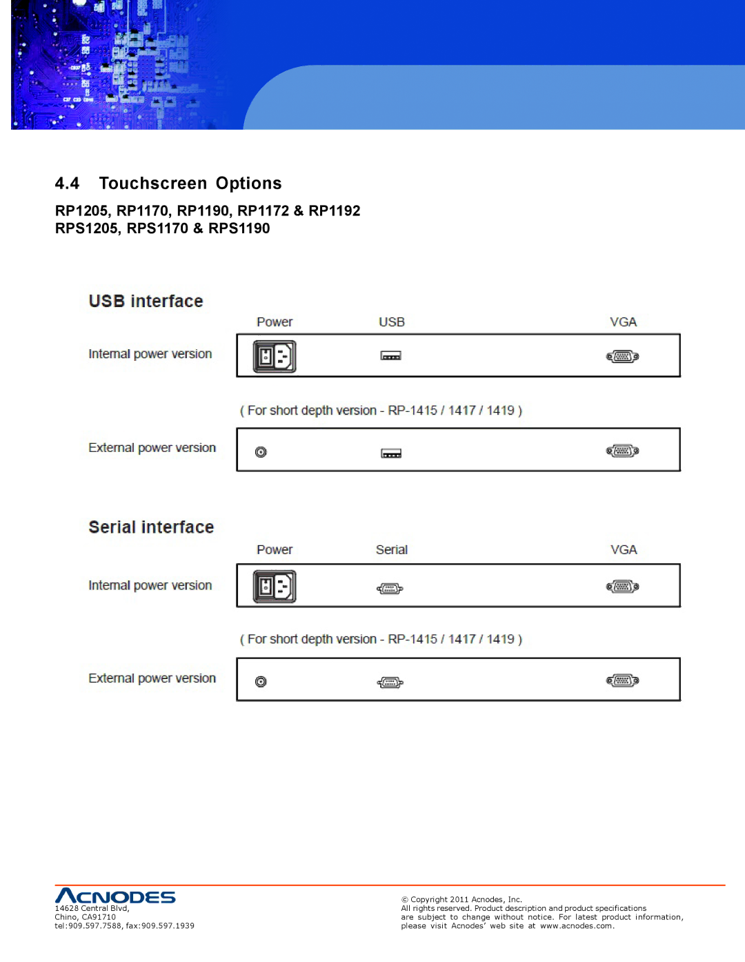 Acnodes RPS 1200, RP 1205, RP 1170 user manual Touchscreen Options 