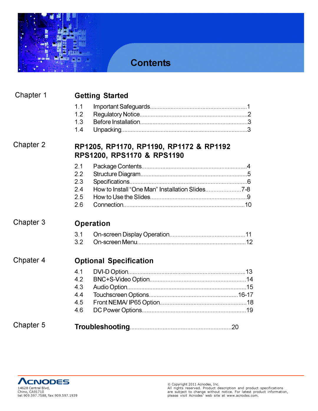 Acnodes RP 1170, RP 1205, RPS 1200 user manual Contents 