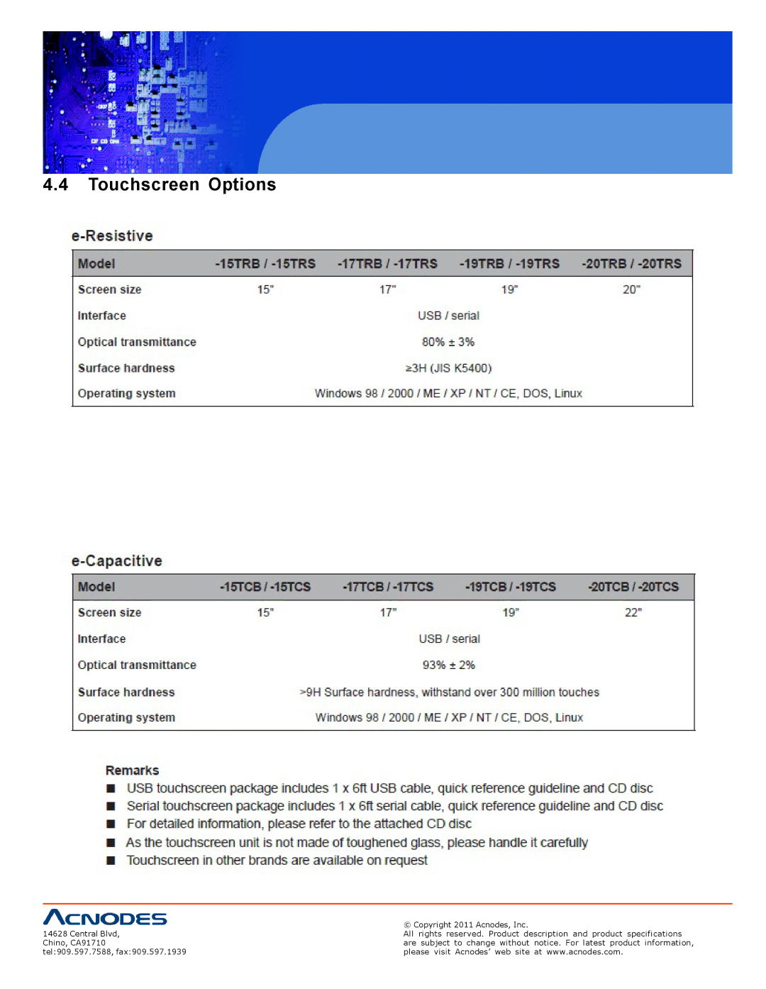 Acnodes RP 1170, RP 1205, RPS 1200 user manual Touchscreen Options 