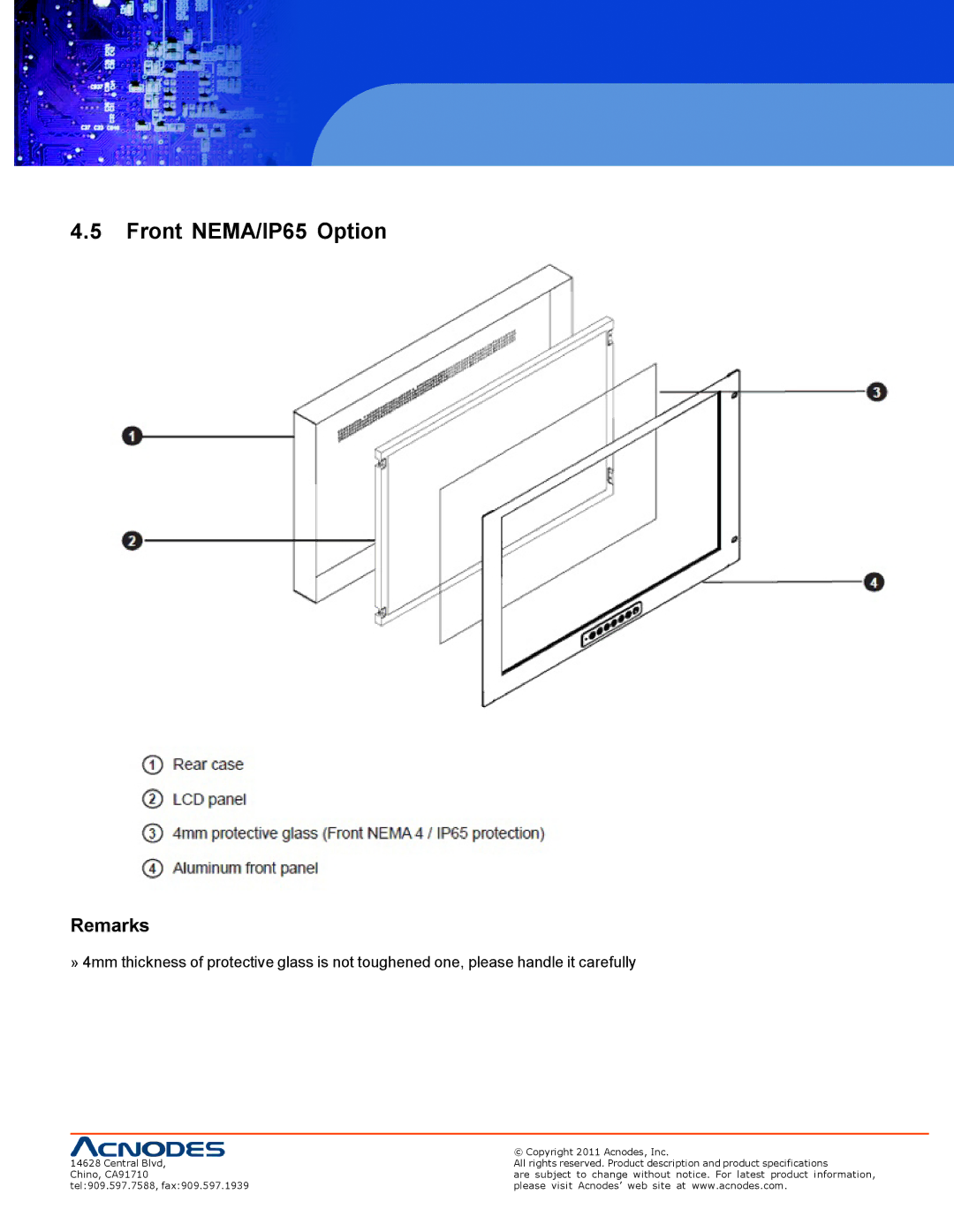 Acnodes RP 1205, RPS 1200, RP 1170 user manual Front NEMA/IP65 Option, Remarks 