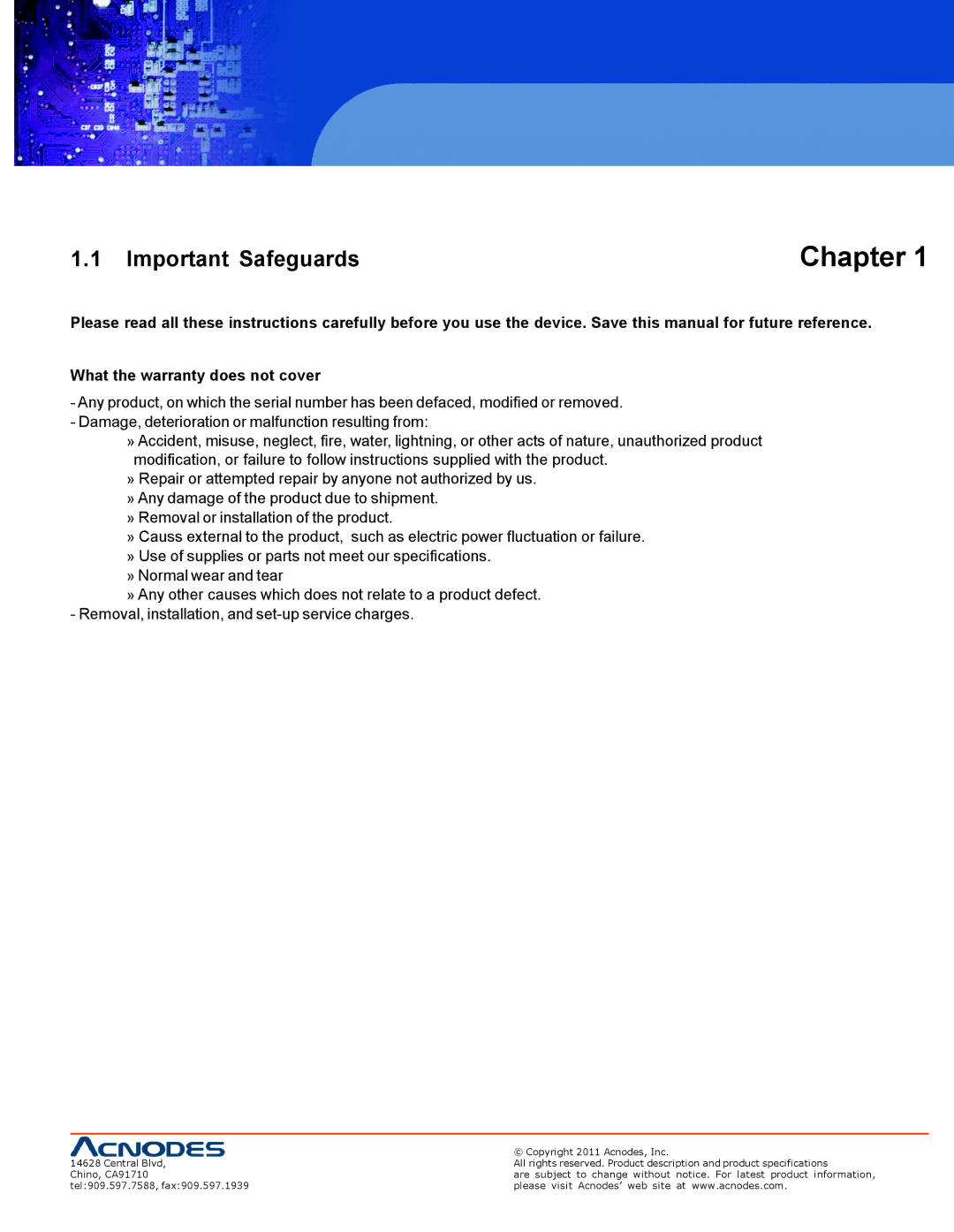 Acnodes RP 1205, RPS 1200, RP 1170 user manual Chapter, Important Safeguards 