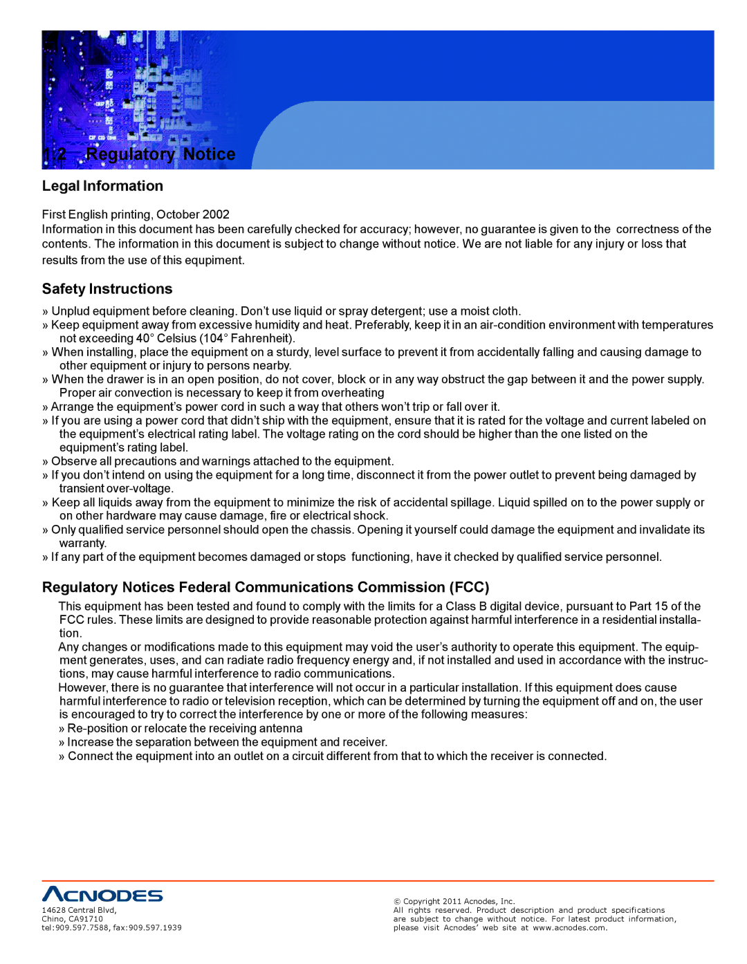 Acnodes RPS 1200, RP 1205, RP 1170 user manual Regulatory Notice, Legal Information, Safety Instructions 