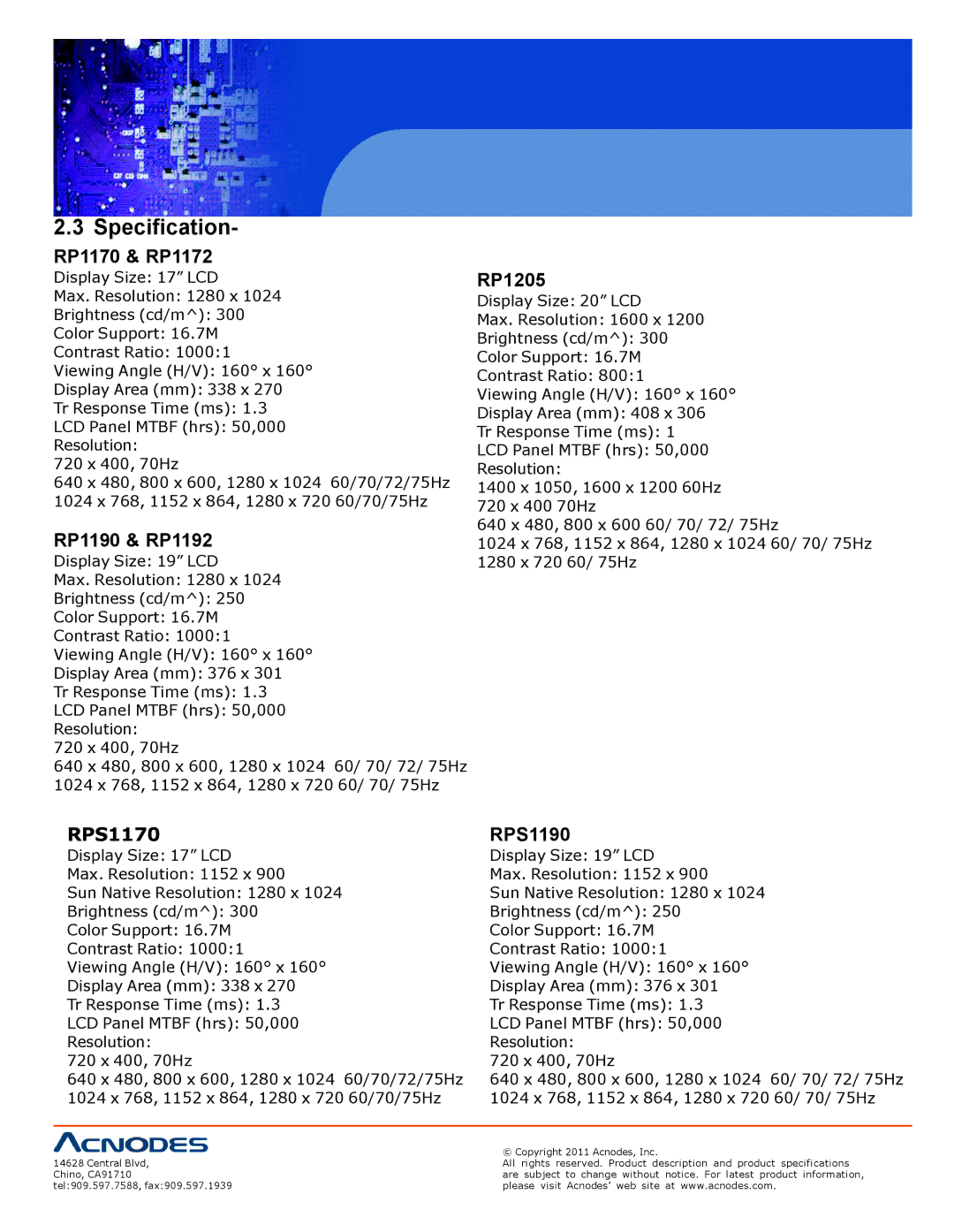 Acnodes RP 1170, RP 1205, RPS 1200 user manual Specification, RP1170 & RP1172, RP1190 & RP1192, RP1205, RPS1190 