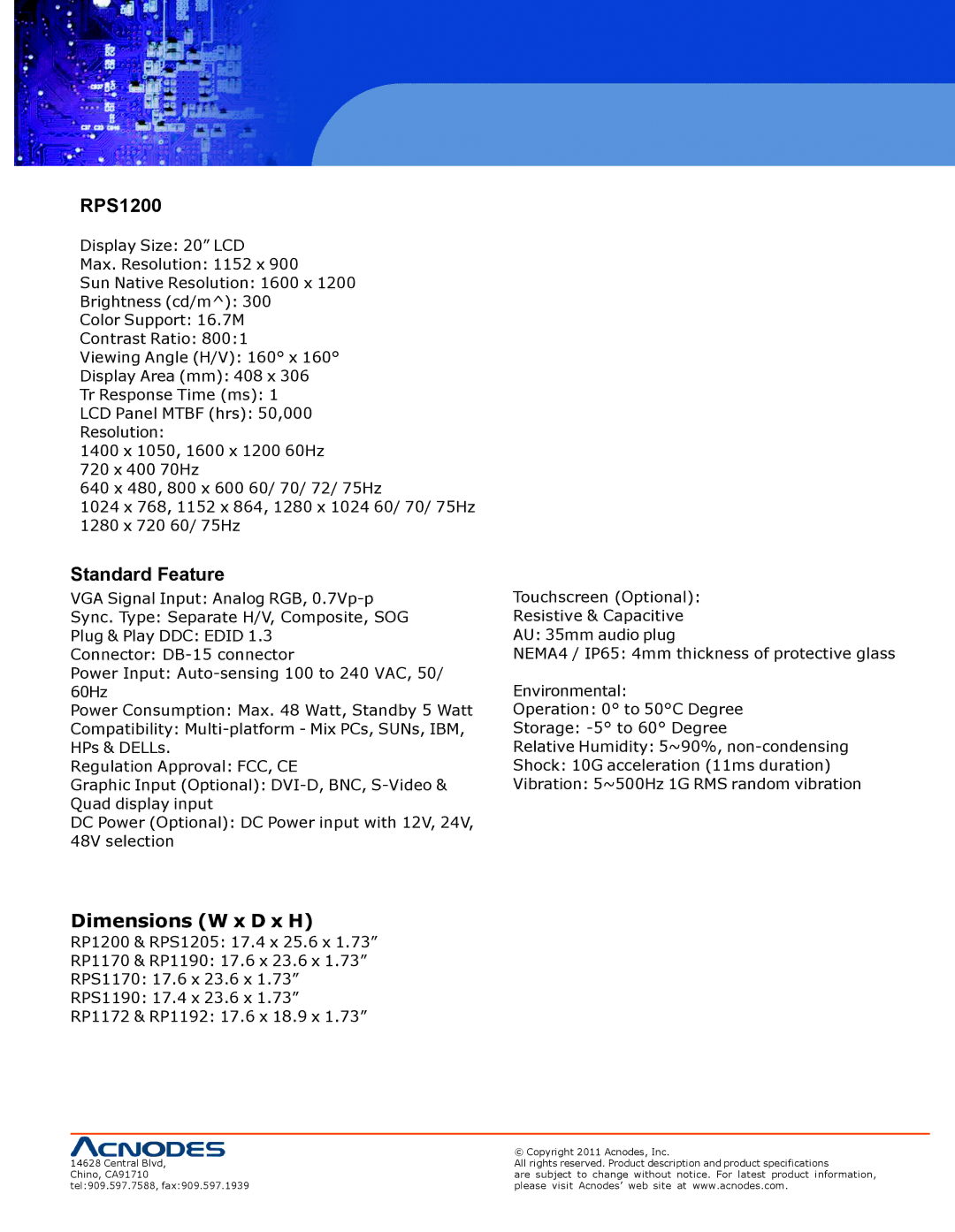 Acnodes RP 1205, RPS 1200, RP 1170 user manual RPS1200, Standard Feature 