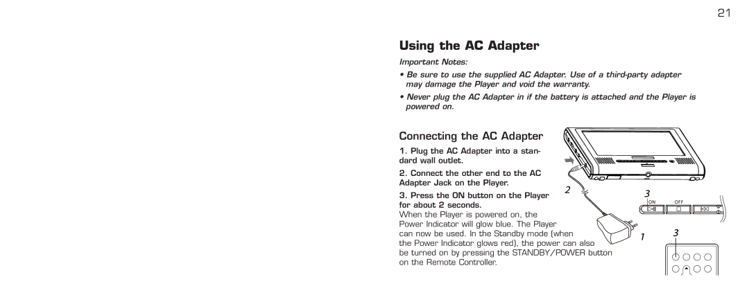 Acomdata.com PDVD7 technical specifications Using the AC Adapter, Connecting the AC Adapter 