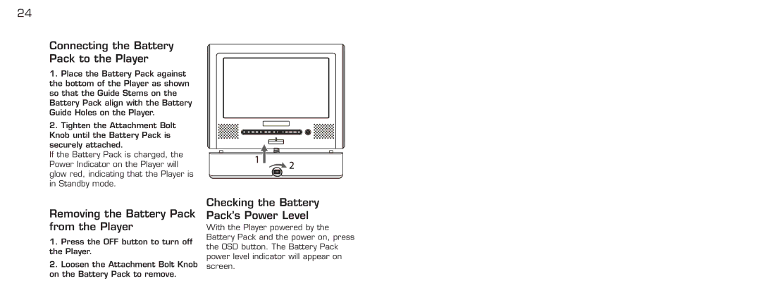 Acomdata.com PDVD7 Connecting the Battery Pack to the Player, Removing the Battery Pack from the Player 