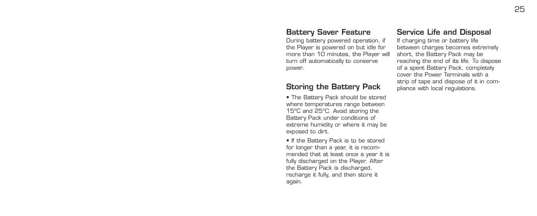 Acomdata.com PDVD7 technical specifications Battery Saver Feature, Storing the Battery Pack, Service Life and Disposal 