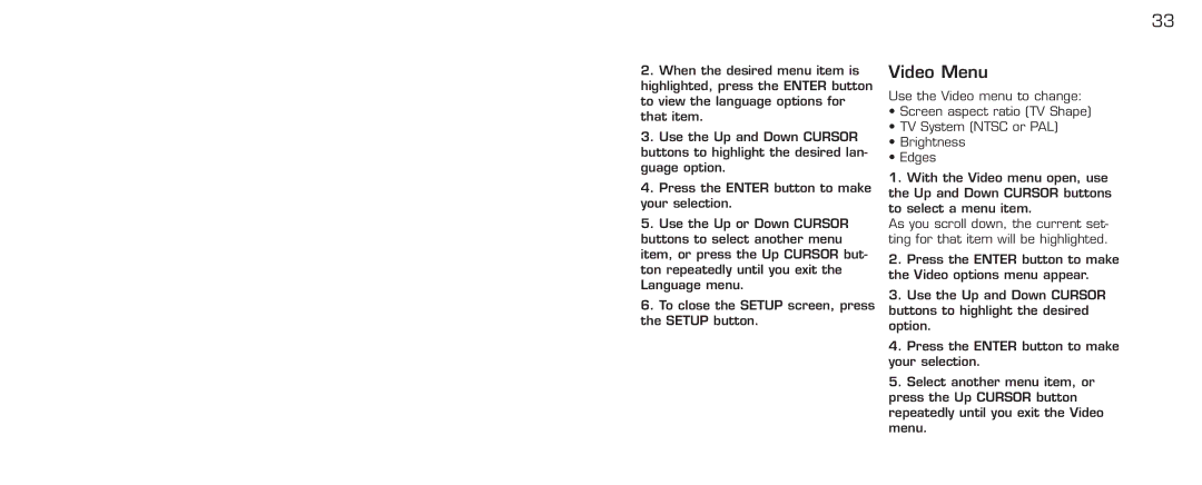 Acomdata.com PDVD7 technical specifications Video Menu 