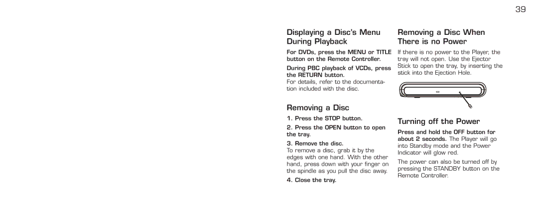 Acomdata.com PDVD7 technical specifications Removing a Disc, Turning off the Power 