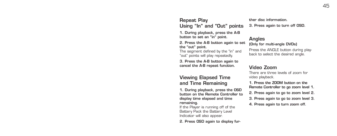 Acomdata.com PDVD7 Repeat Play Using In and Out points, Viewing Elapsed Time and Time Remaining, Angles, Video Zoom 