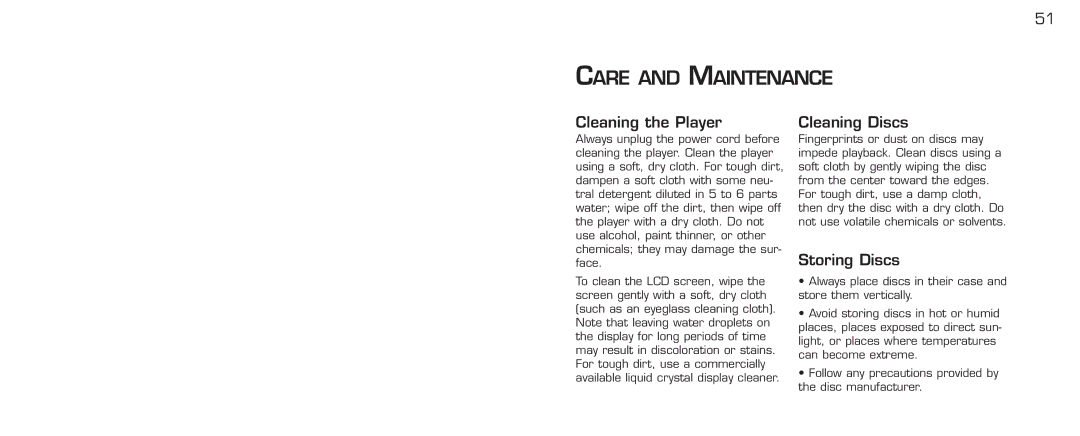 Acomdata.com PDVD7 technical specifications Care and Maintenance, Cleaning the Player, Cleaning Discs, Storing Discs 