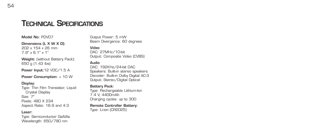 Acomdata.com PDVD7 technical specifications Technical Specifications 