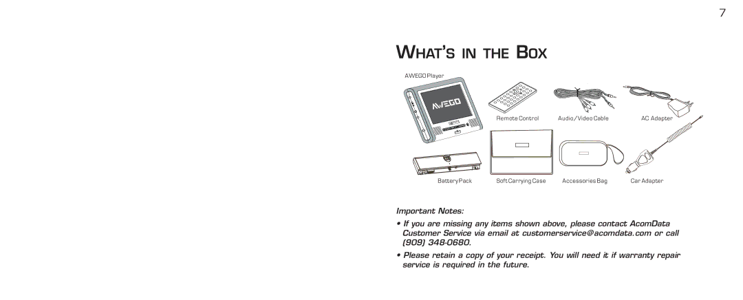 Acomdata.com PDVD7 technical specifications WHAT’S in the BOX 