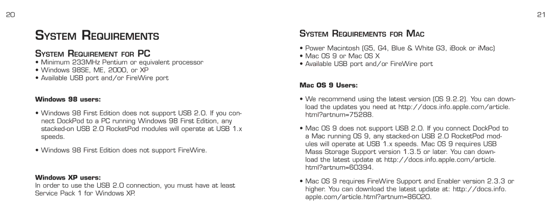 Acomdata.com RPDOCKU2FA manual System Requirements, System Requirement for PC 