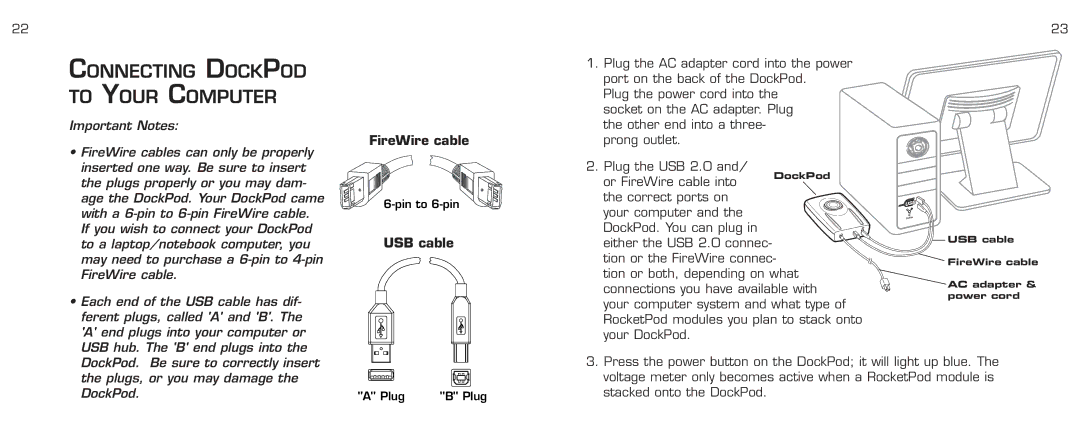 Acomdata.com RPDOCKU2FA manual Connecting Dockpod to Your Computer, USB cable 