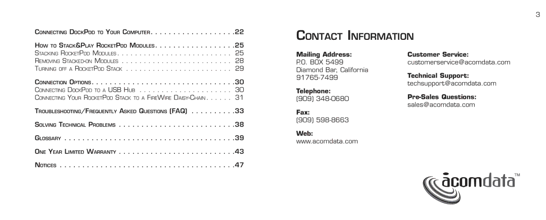 Acomdata.com RPDOCKU2FA manual Contact Information 