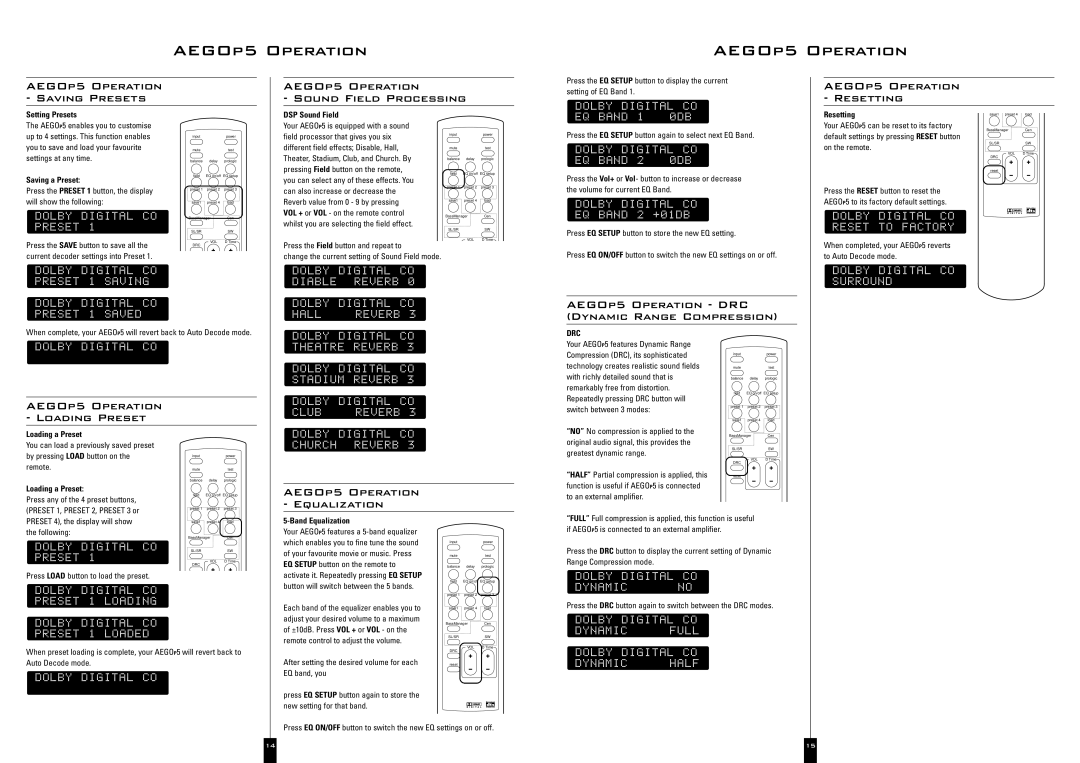 Acoustic Energy A Ego 5 owner manual AEGOp5 Operation Saving Presets Sound Field Processing, AEGOp5 Operation Resetting 