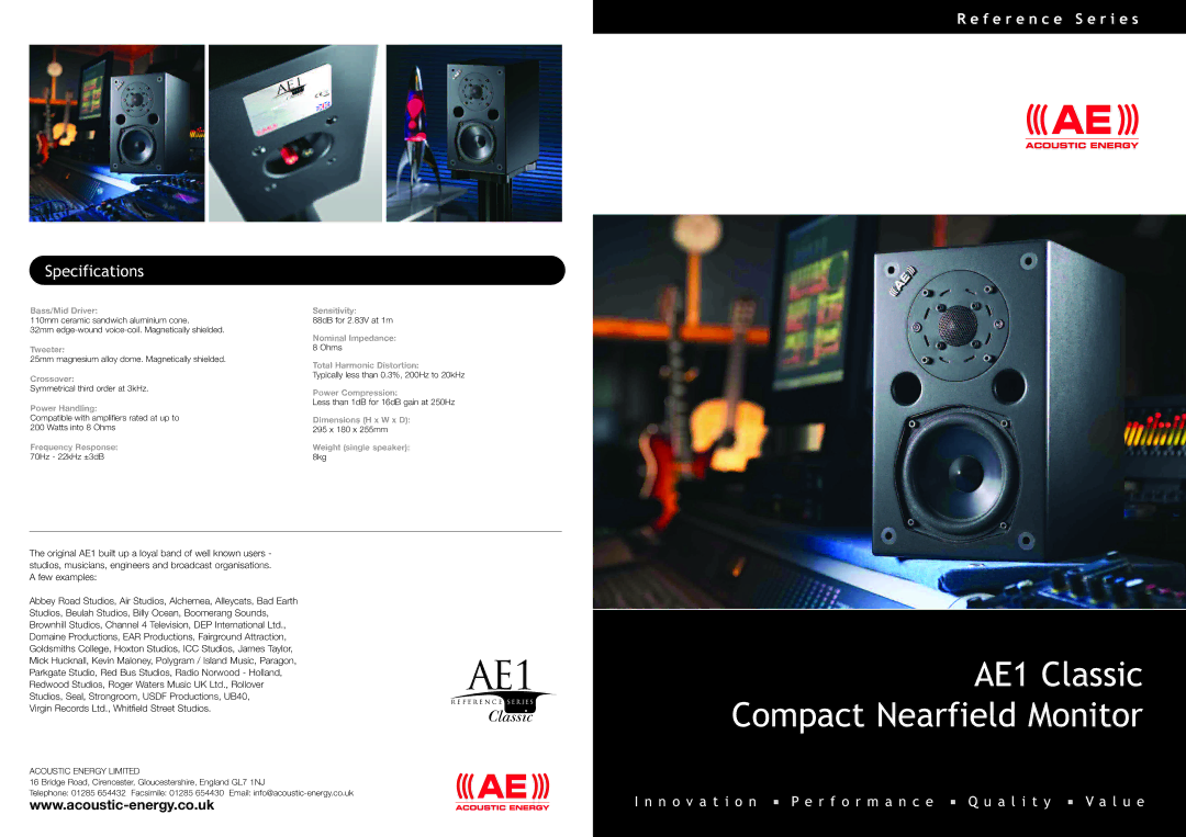 Acoustic Energy specifications AE1 Classic Compact Nearfield Monitor, Specifications, F e r e n c e S e r i e s 