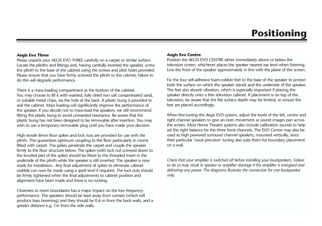 Acoustic Energy Aegis Evo Series owner manual Positioning, Aegis Evo Three, Aegis Evo Centre 