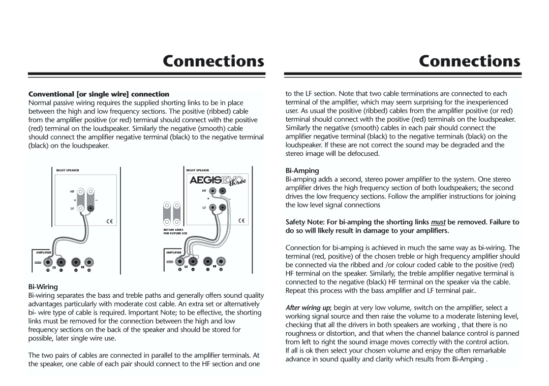 Acoustic Energy Aegis Evo Series ConnectionsConnections, Conventional or single wire connection, Bi-Amping, Bi-Wiring 