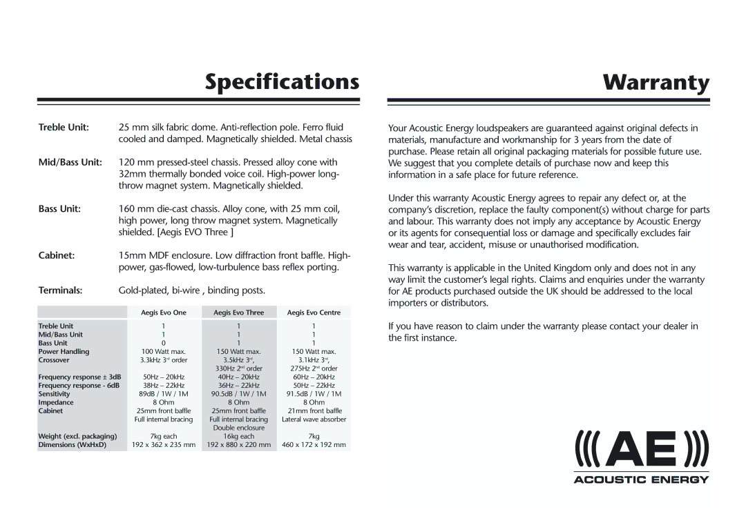 Acoustic Energy Aegis Evo Series owner manual SpecificationsWarranty, Crossover 