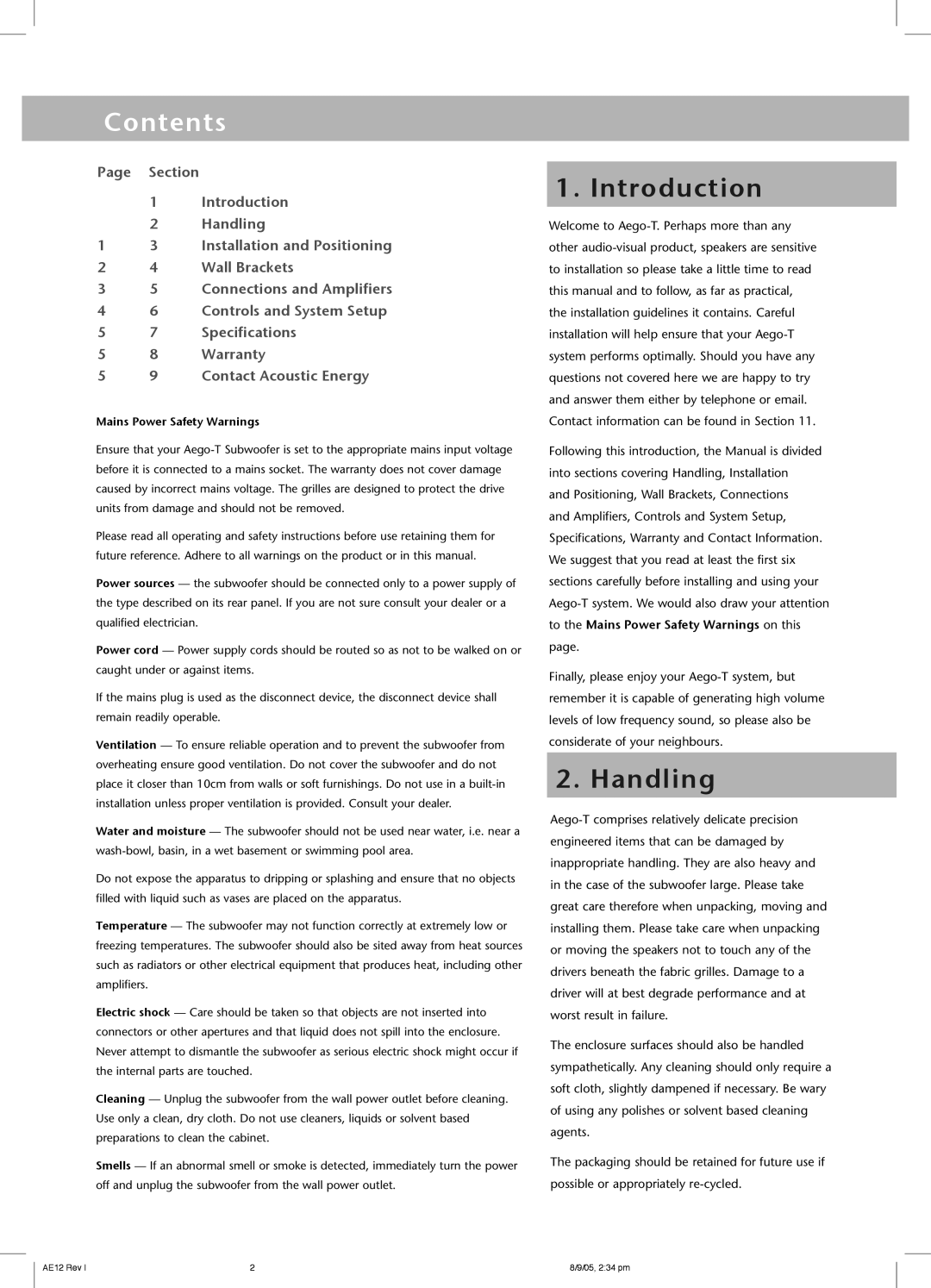 Acoustic Energy Aego-T owner manual Contents 