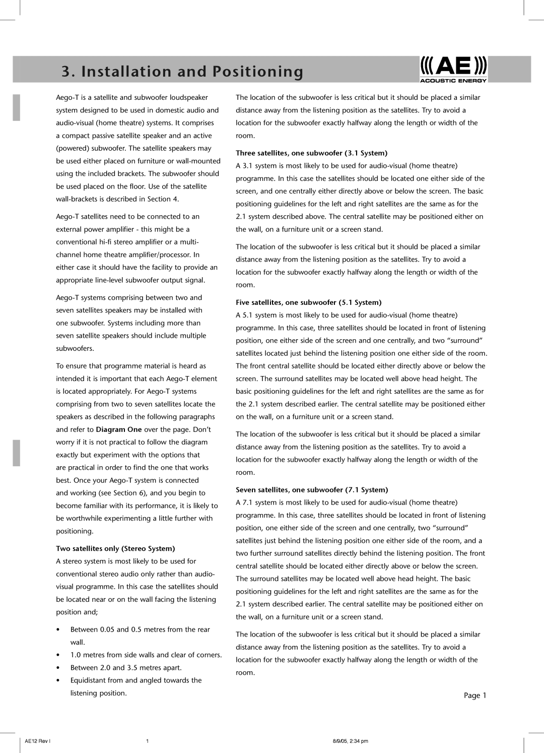 Acoustic Energy Aego-T owner manual Installation and Positioning 