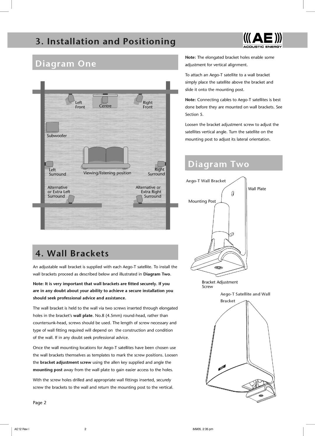 Acoustic Energy Aego-T owner manual Installation and Positioning Diagram One, Diagram Two, Wall Brackets 