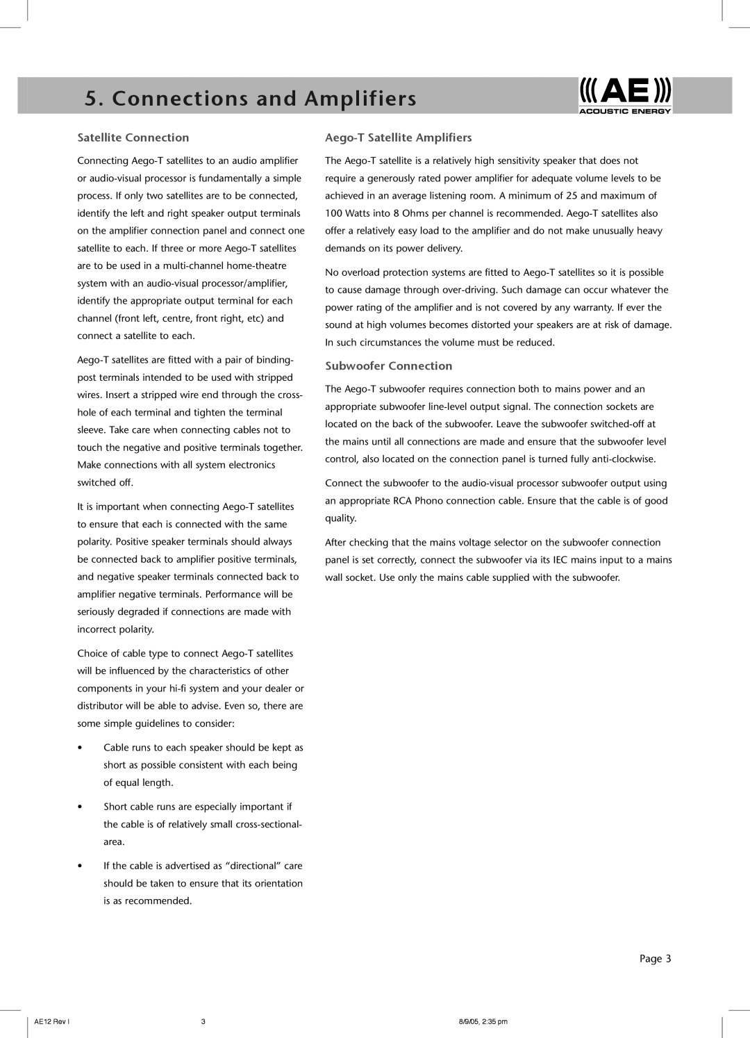 Acoustic Energy Connections and Amplifiers, Satellite Connection, Aego-T Satellite Amplifiers, Subwoofer Connection 