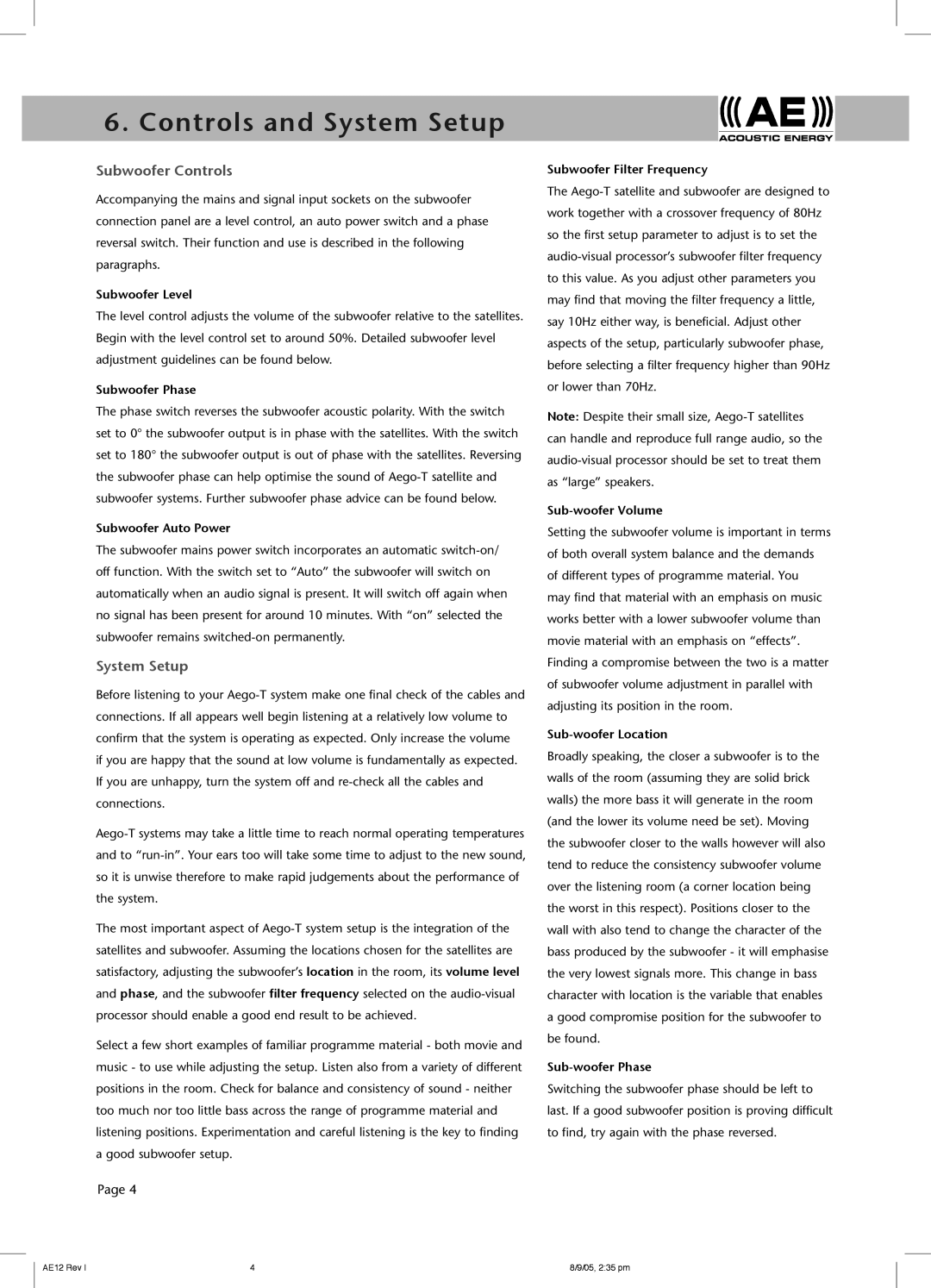 Acoustic Energy Aego-T owner manual Controls and System Setup, Subwoofer Controls 