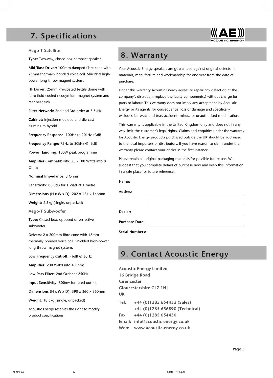 Acoustic Energy owner manual Specifications, Warranty, Contact Acoustic Energy, Aego-T Satellite, Aego-T Subwoofer 