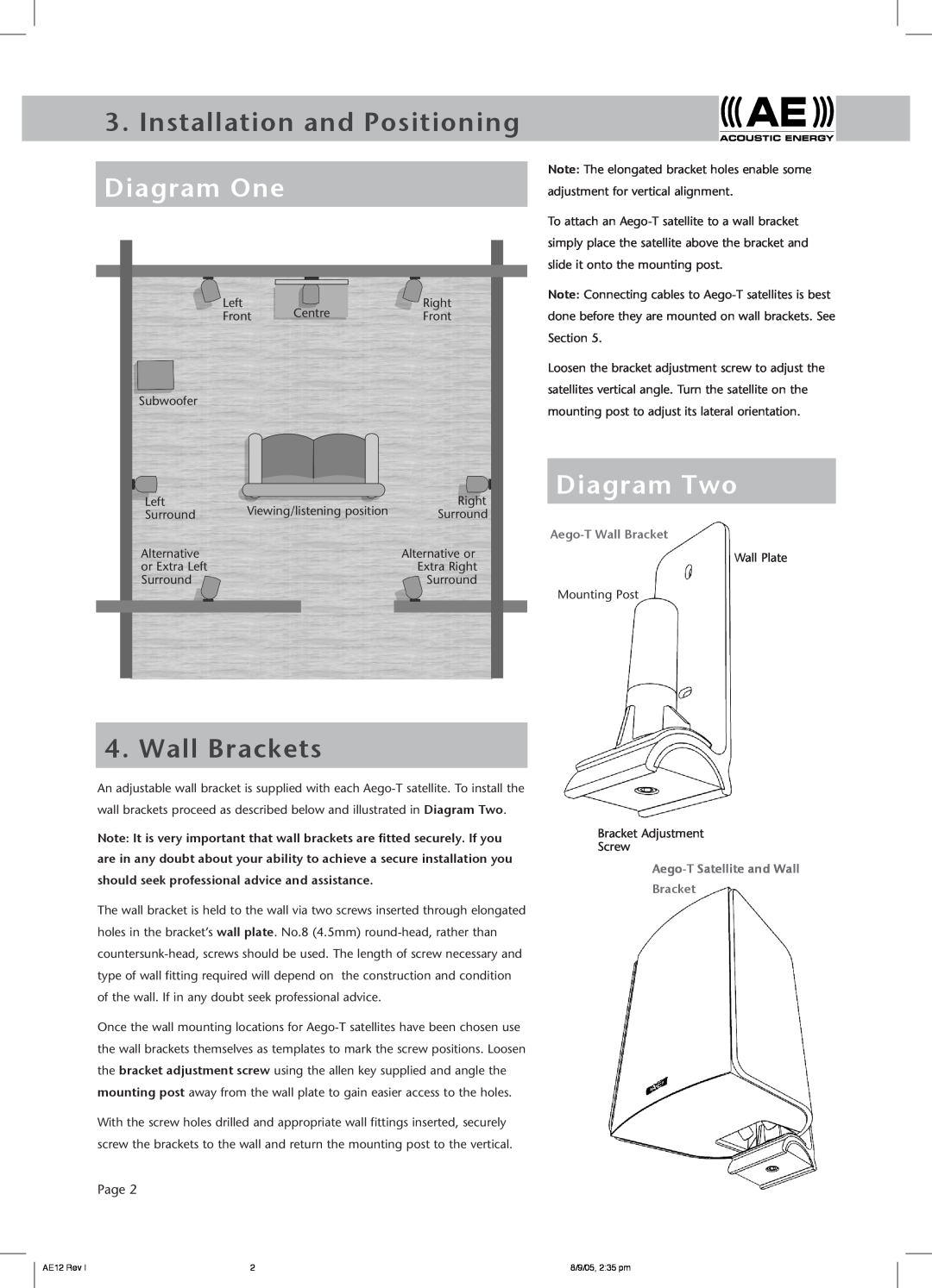 Acoustic Energy Installation and Positioning Diagram One, Diagram Two, Wall Brackets, Page, Aego-TWall Bracket 