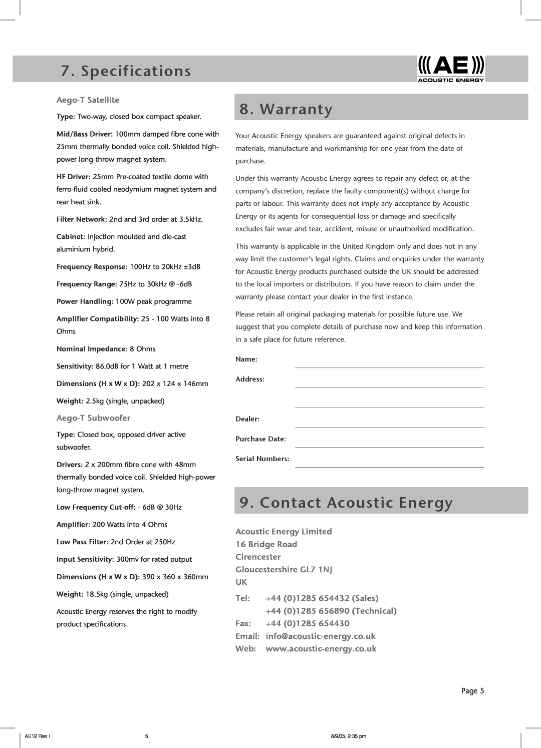 Acoustic Energy Aego-T owner manual Specifications, Warranty, Contact Acoustic Energy 