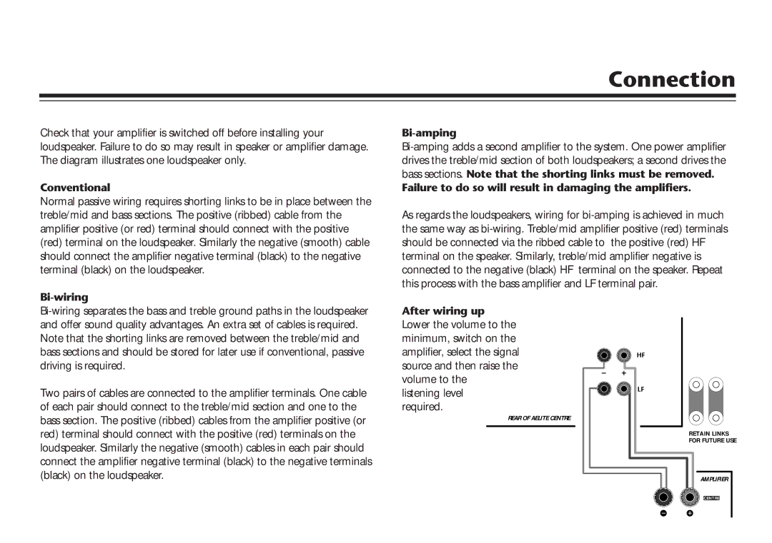 Acoustic Energy AELITE Centre owner manual Connection 