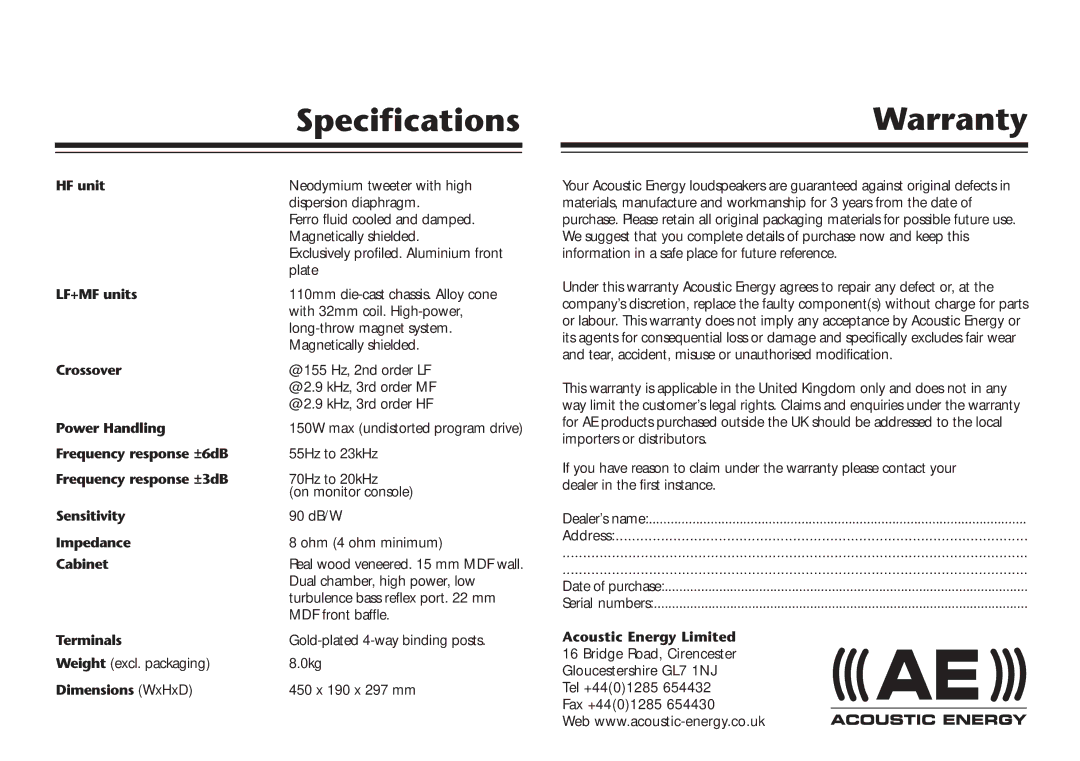 Acoustic Energy AELITE Centre owner manual SpecificationsWarranty, HF unit 