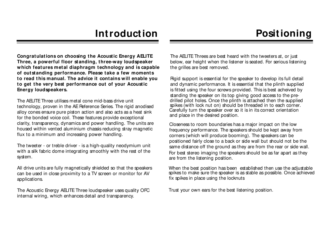 Acoustic Energy AELITE Three manual IntroductionPositioning 
