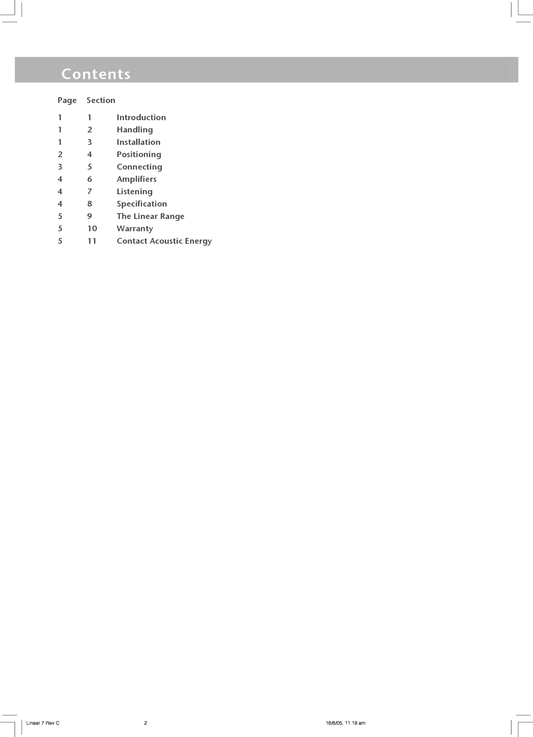 Acoustic Energy Linear Centre owner manual Contents 