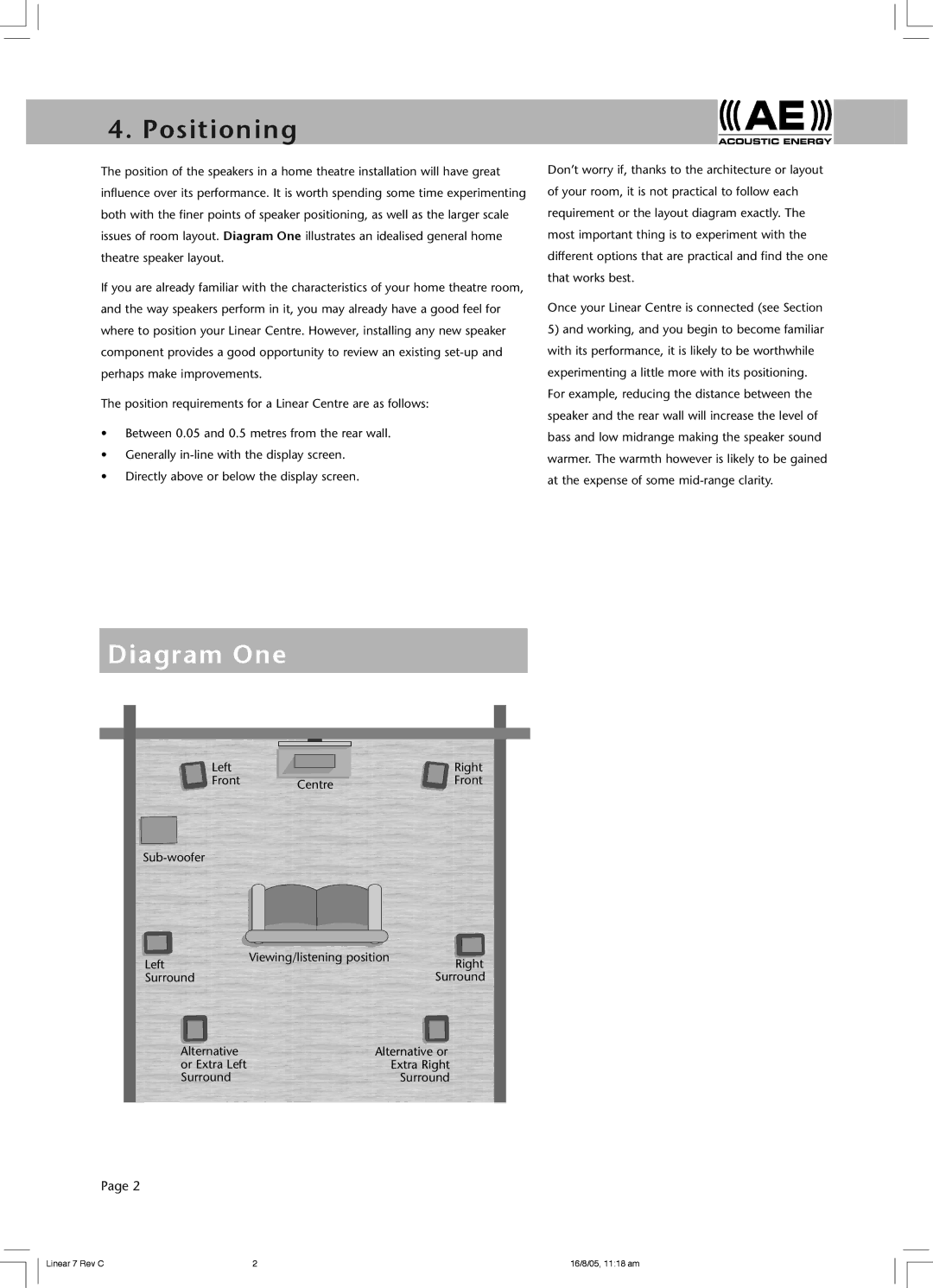 Acoustic Energy Linear Centre owner manual Positioning, Diagram One 