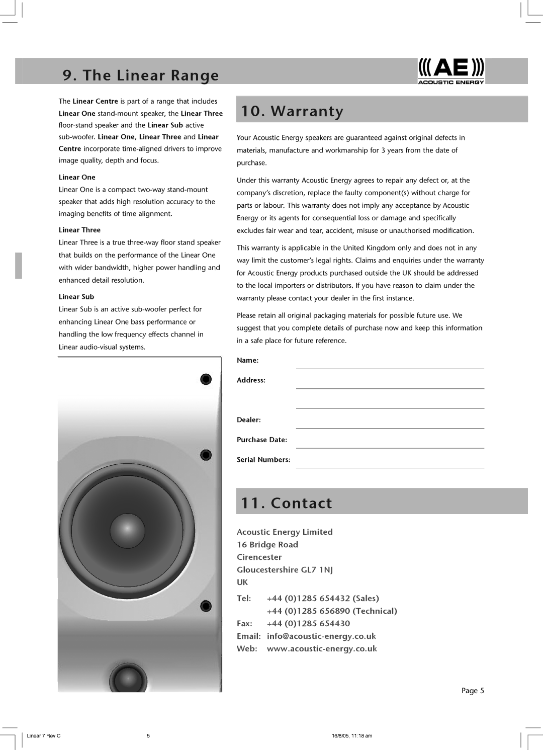 Acoustic Energy Linear Centre owner manual Linear Range, Warranty, Contact 