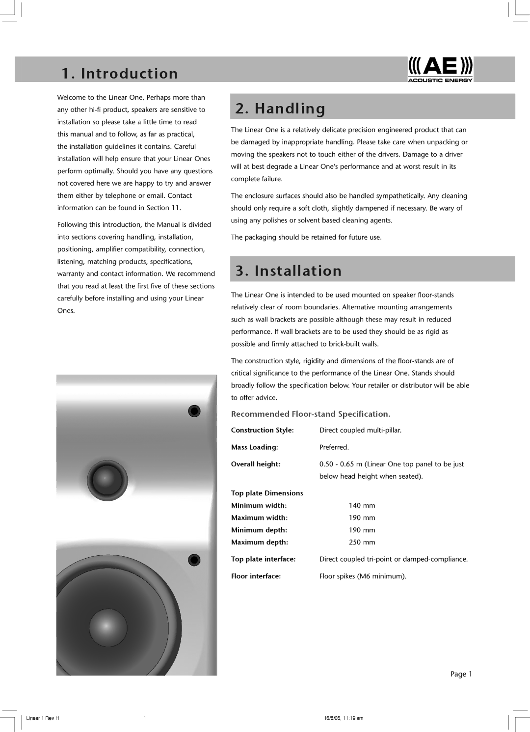 Acoustic Energy Linear One owner manual Introduction, Handling, Installation, Recommended Floor-stand Specification 