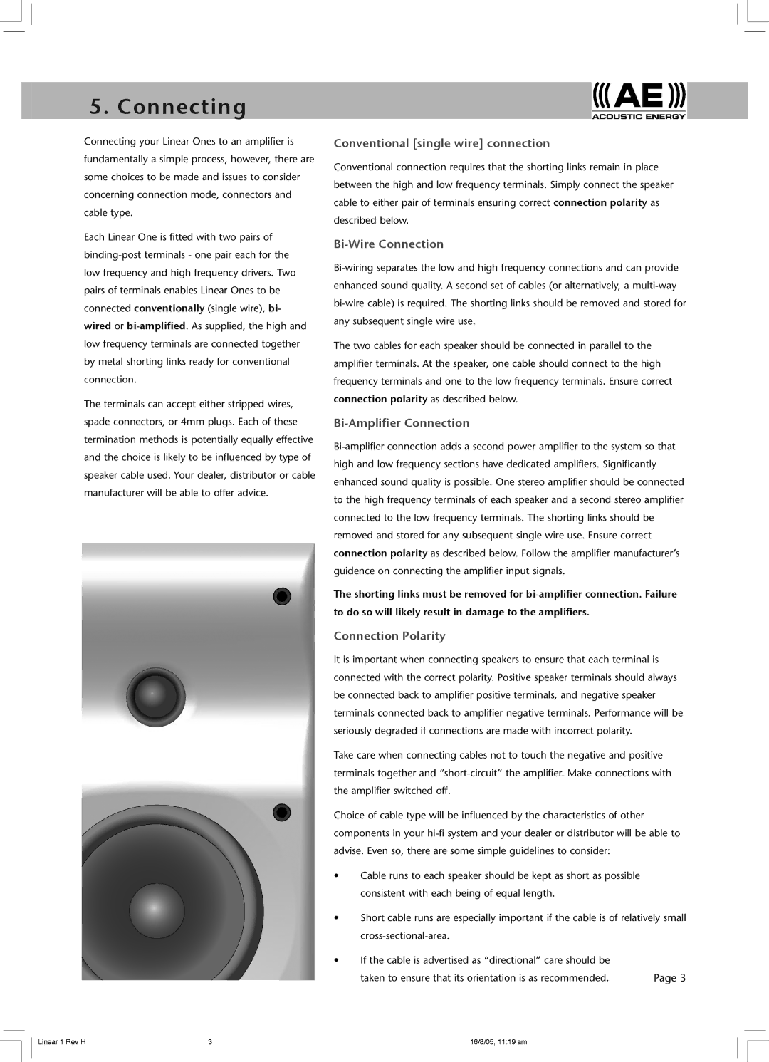 Acoustic Energy Linear One Connecting, Conventional single wire connection, Bi-Wire Connection, Bi-Amplifier Connection 