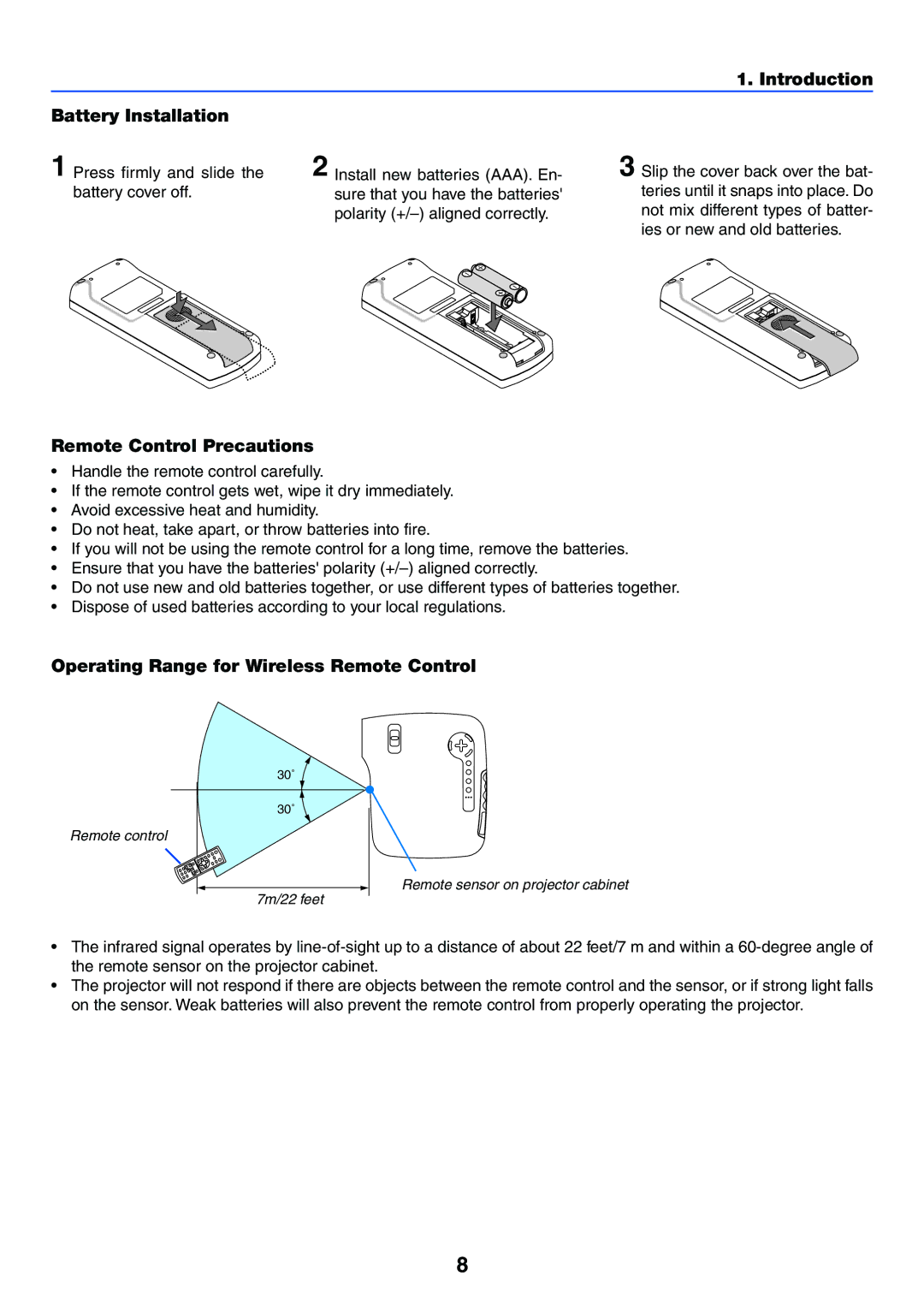 Acoustic Energy LT25, LT30, LT35 manual Introduction Battery Installation, Operating Range for Wireless Remote Control 