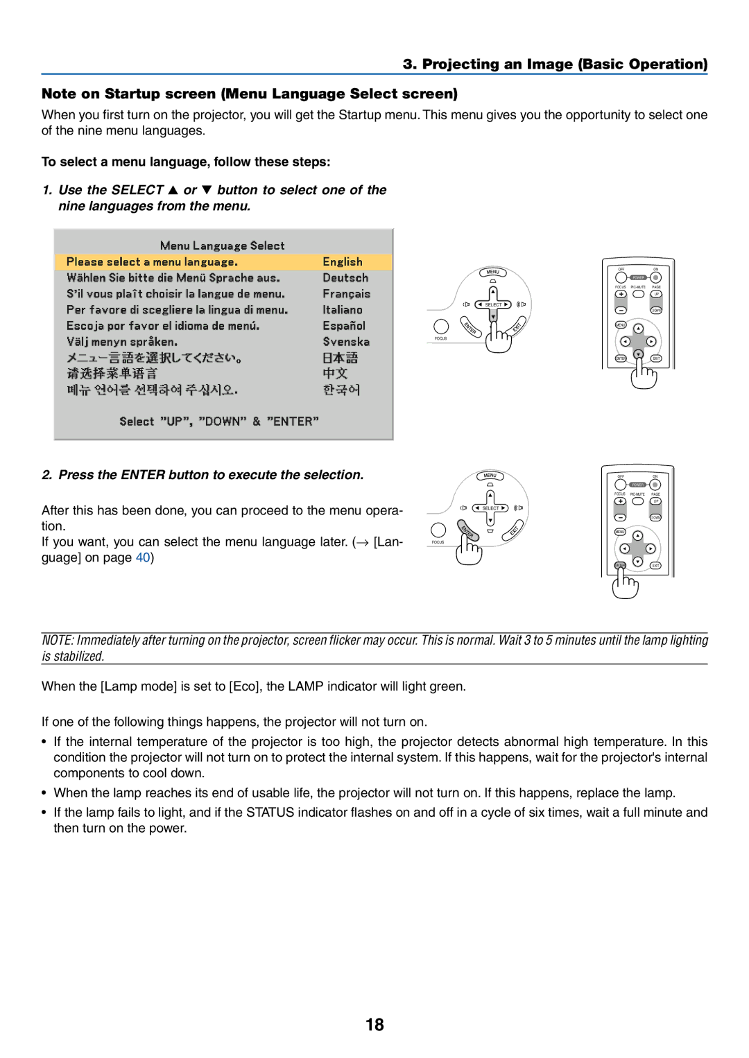 Acoustic Energy LT35, LT30, LT25 manual Projecting an Image Basic Operation, To select a menu language, follow these steps 