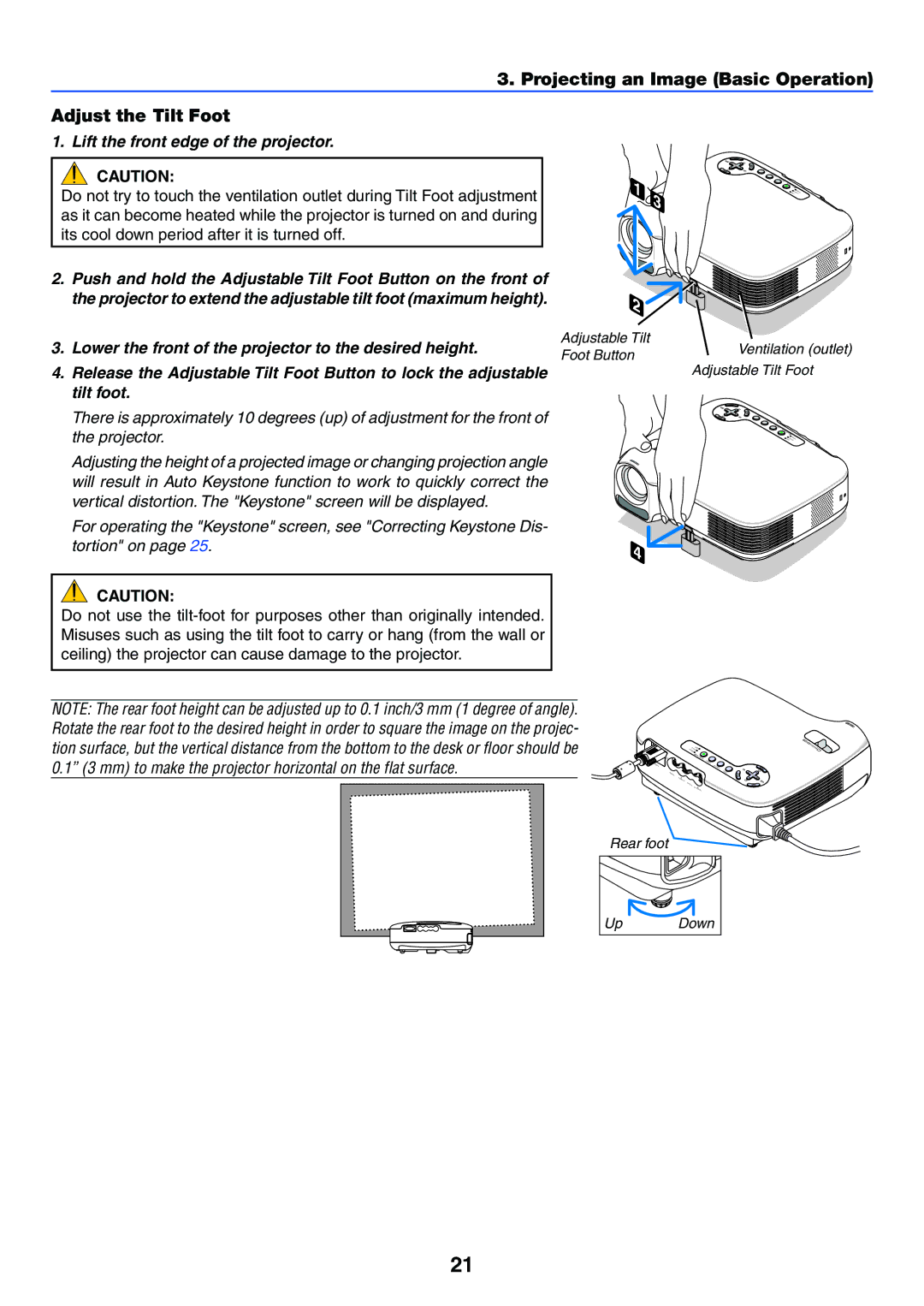 Acoustic Energy LT35, LT30 Projecting an Image Basic Operation Adjust the Tilt Foot, Lift the front edge of the projector 